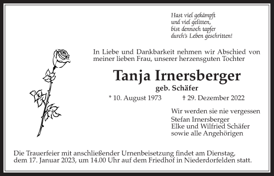 Traueranzeige von Tanja Irnersberger von Bad Vilbel/Karben