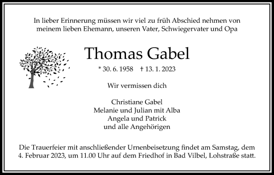 Traueranzeige von Thomas Gabel von Bad Vilbel/Karben