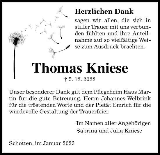 Traueranzeige von Thomas Kniese von Kreis-Anzeiger