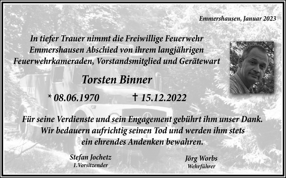 Traueranzeige für Torsten Binner vom 21.01.2023 aus Usinger Anzeiger