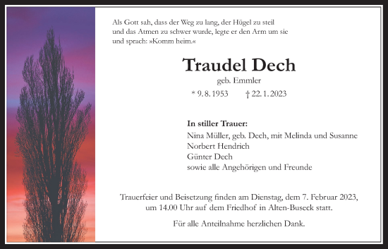 Traueranzeige von Traudel Dech von Giessener Anzeiger, Giessener Allgemeine, Alsfelder Allgemeine