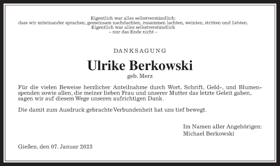 Traueranzeige von Ulrike Berkowski von Giessener Allgemeine, Alsfelder Allgemeine, Giessener Anzeiger