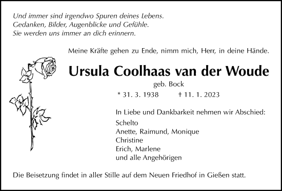Traueranzeige von Ursula Coolhaas an der Woude von Giessener Anzeiger, Giessener Allgemeine, Alsfelder Allgemeine