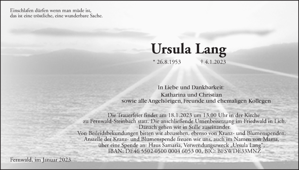  Traueranzeige für Ursula Lang vom 14.01.2023 aus Giessener Allgemeine, Alsfelder Allgemeine, Giessener Anzeiger