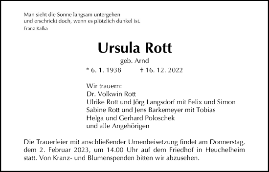 Traueranzeige von Ursula Rott von Giessener Anzeiger, Giessener Allgemeine, Alsfelder Allgemeine