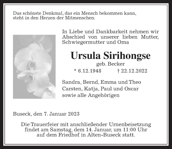 Traueranzeige von Ursula Sirihongse von Giessener Anzeiger, Giessener Allgemeine, Alsfelder Allgemeine