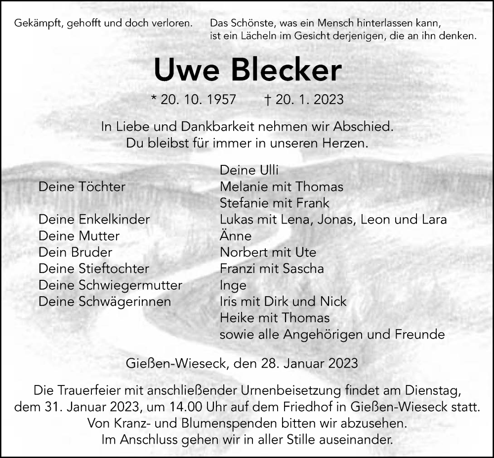  Traueranzeige für Uwe Blecker vom 28.01.2023 aus Giessener Anzeiger, Giessener Allgemeine, Alsfelder Allgemeine