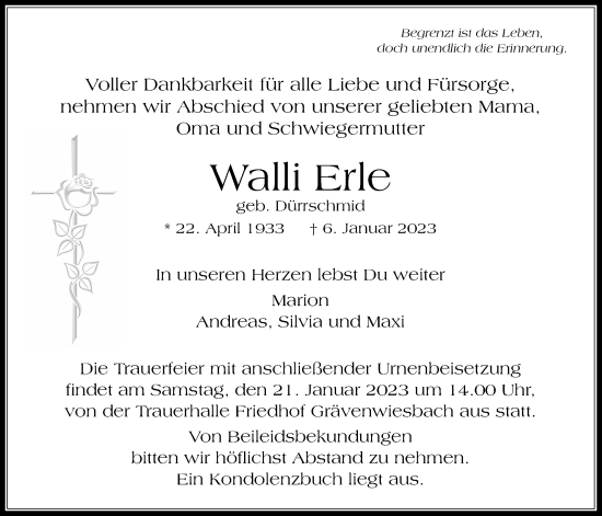 Traueranzeige von Walli Erle von Usinger Anzeiger