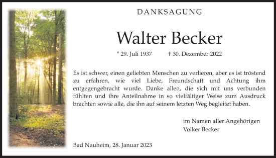 Traueranzeige von Walter Becker von Wetterauer Zeitung