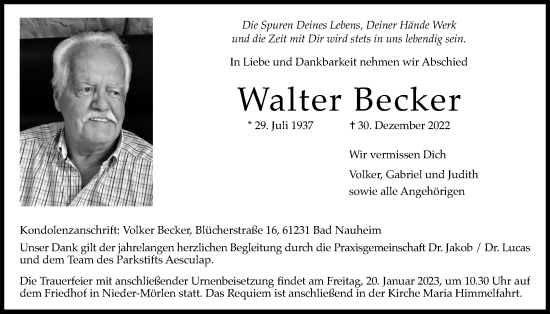 Traueranzeige von Walter Becker von Wetterauer Zeitung