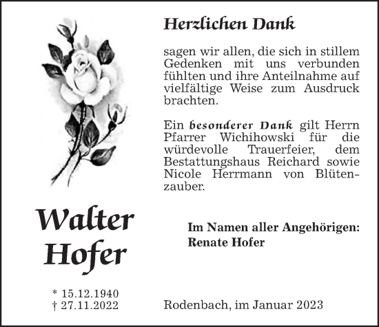 Traueranzeige von Walter Hofer von Kreis-Anzeiger