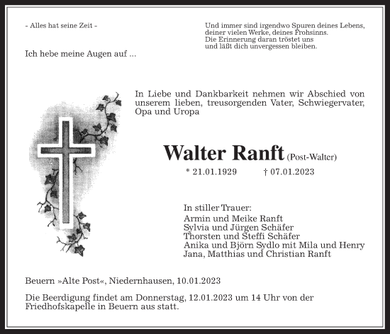 Traueranzeige von Walter Ranft von Giessener Anzeiger, Giessener Allgemeine, Alsfelder Allgemeine