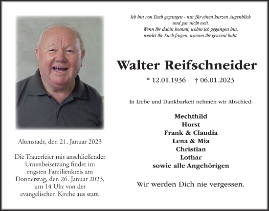 Traueranzeige von Walter Reifschneider von Kreis-Anzeiger
