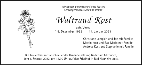 Traueranzeige von Waltraud Kost von Wetterauer Zeitung