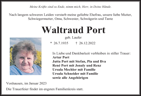 Traueranzeige von Waltraud Port von Kreis-Anzeiger
