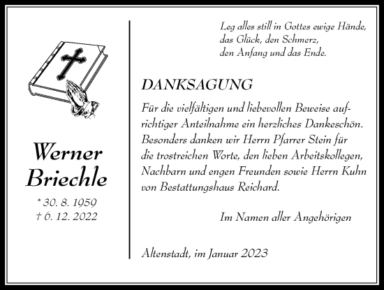 Traueranzeige von Werner Briechle von Kreis-Anzeiger