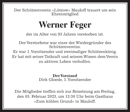 Traueranzeige von Werner Feger 