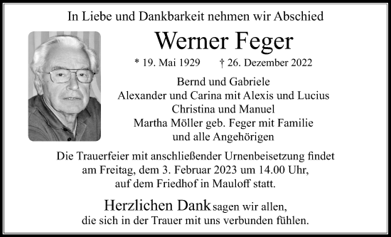 Traueranzeige von Werner Feger von Usinger Anzeiger