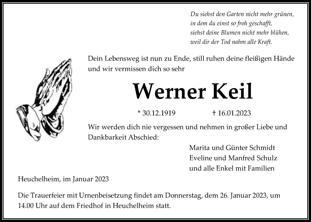  Traueranzeige für Werner Keil vom 21.01.2023 aus Giessener Anzeiger, Giessener Allgemeine, Alsfelder Allgemeine