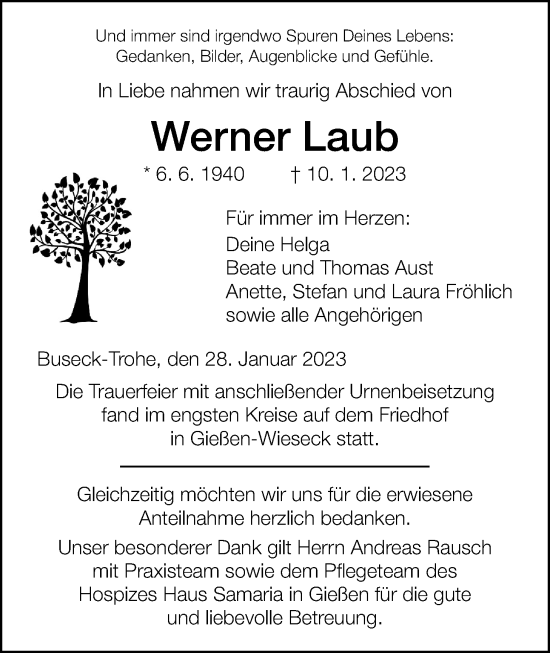 Traueranzeige von Werner Laub von Giessener Anzeiger, Giessener Allgemeine, Alsfelder Allgemeine