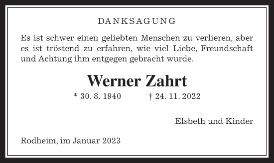 Traueranzeige von Werner Zahrt von Wetterauer Zeitung