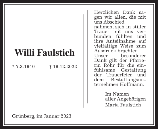 Traueranzeige von Wilhelm Faulstich von Giessener Allgemeine, Alsfelder Allgemeine