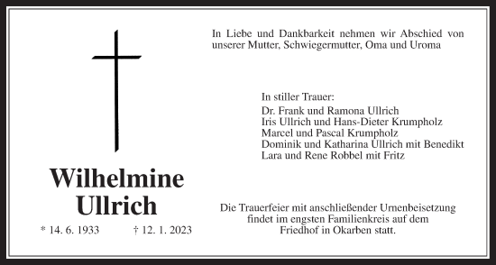 Traueranzeige von Wilhelmine Ullrich von Wetterauer Zeitung