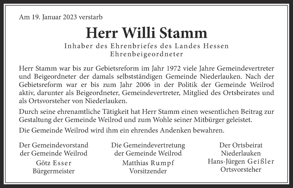  Traueranzeige für Willi Stamm vom 24.01.2023 aus Usinger Anzeiger