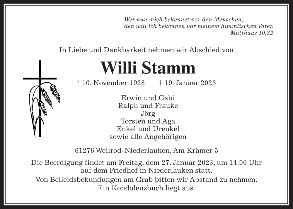  Traueranzeige für Willi Stamm vom 21.01.2023 aus Usinger Anzeiger