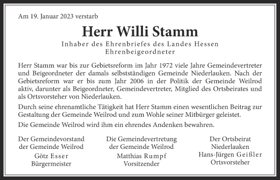 Traueranzeige von Willi Stamm von Usinger Anzeiger