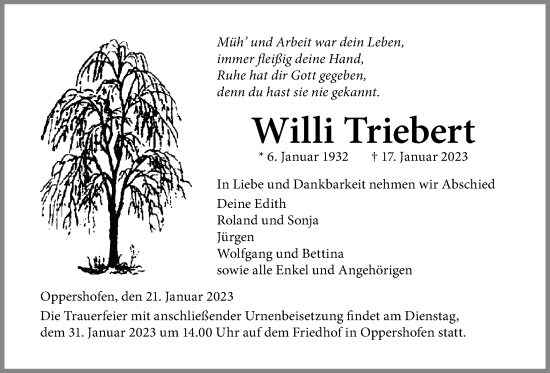 Traueranzeige von Willi Triebert von Wetterauer Zeitung