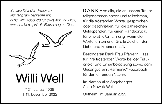 Traueranzeige von Willi Well von Giessener Allgemeine, Alsfelder Allgemeine