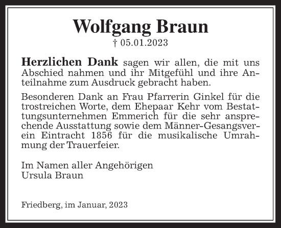 Traueranzeige von Wolfgang Braun von Wetterauer Zeitung