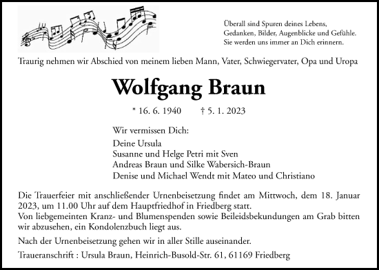 Traueranzeige von Wolfgang Braun von Wetterauer Zeitung