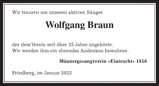 Traueranzeige von Wolfgang Braun von Wetterauer Zeitung