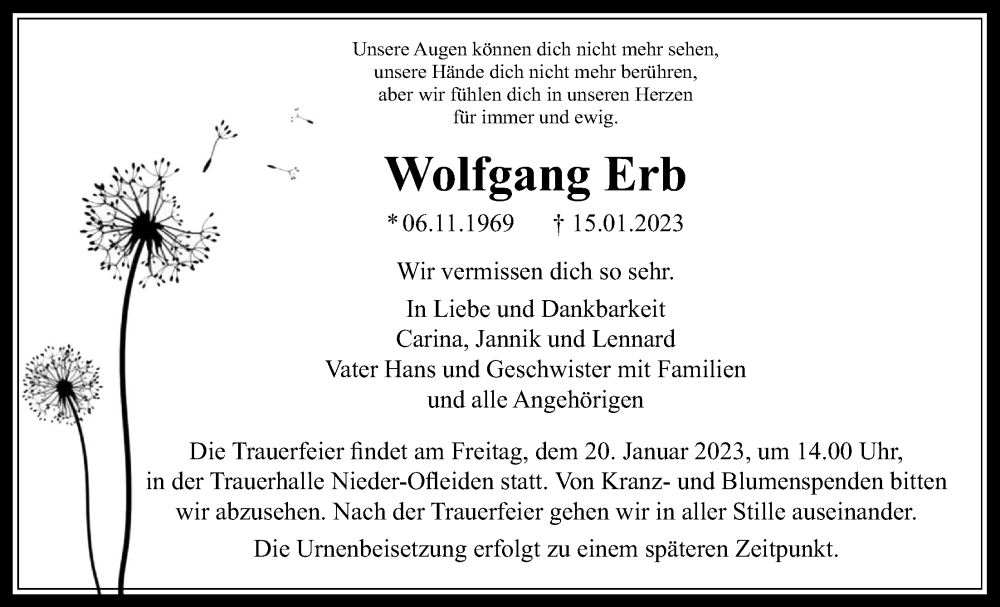  Traueranzeige für Wolfgang Erb vom 19.01.2023 aus Alsfelder Allgemeine