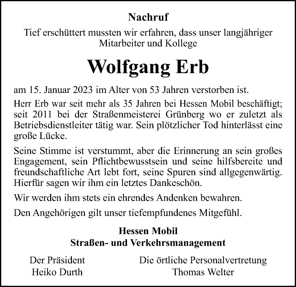  Traueranzeige für Wolfgang Erb vom 28.01.2023 aus Giessener Allgemeine, Alsfelder Allgemeine