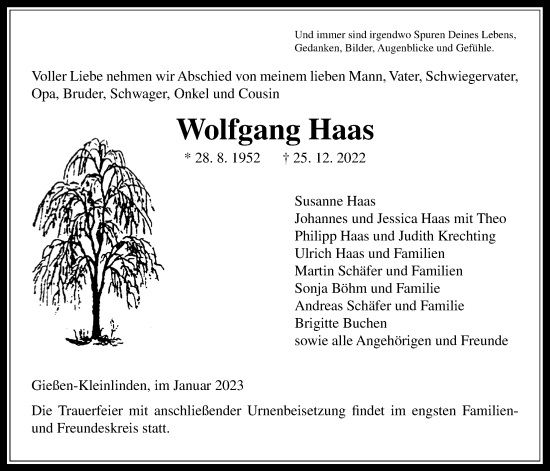 Traueranzeige von Wolfgang Haas von Giessener Allgemeine, Alsfelder Allgemeine