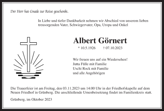 Traueranzeige von Albert Görnert von Giessener Allgemeine, Alsfelder Allgemeine, Giessener Anzeiger