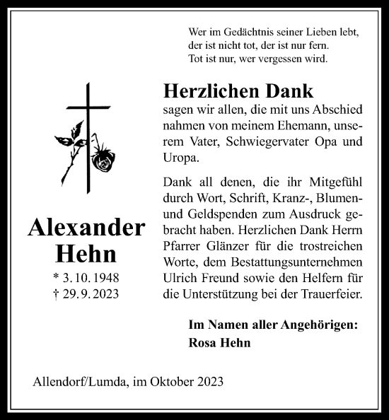 Traueranzeige von Alexander Hehn von Allendorfer Mitteilungen, Giessener Allgemeine, Alsfelder Allgemeine
