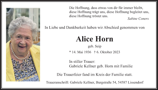 Traueranzeige von Alice Horn von Wetterauer Zeitung