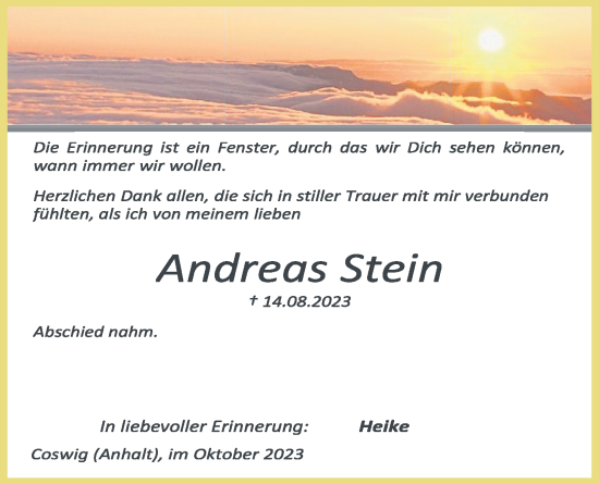 Traueranzeige von Andreas Stein von Kreis-Anzeiger