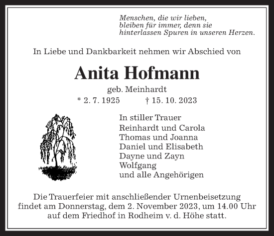 Traueranzeige von Anita Hofmann von Wetterauer Zeitung