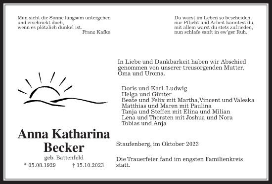 Traueranzeige von Anna Katharina Becker von Giessener Allgemeine, Alsfelder Allgemeine