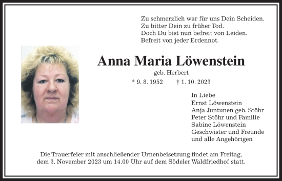 Traueranzeige von Anna Maria Löwenstein von Wetterauer Zeitung