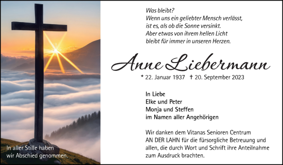 Traueranzeige von Anne Liebermann von Giessener Allgemeine, Alsfelder Allgemeine