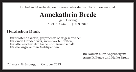 Traueranzeige von Annekathrin Brede von Giessener Allgemeine, Alsfelder Allgemeine