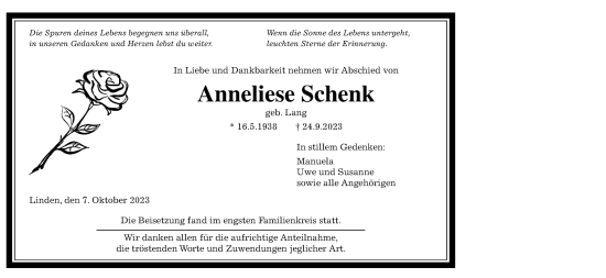 Traueranzeige von Anneliese Schenk 