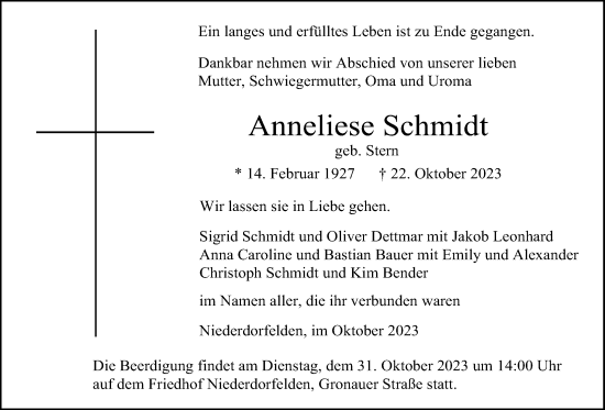 Traueranzeige von Anneliese Schmidt von Wetterauer Zeitung