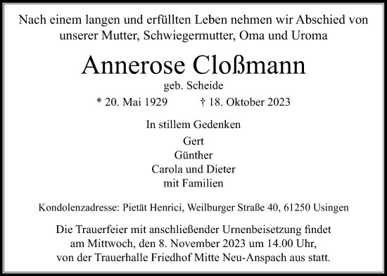 Traueranzeige von Annerose Cloßmann von Usinger Anzeiger